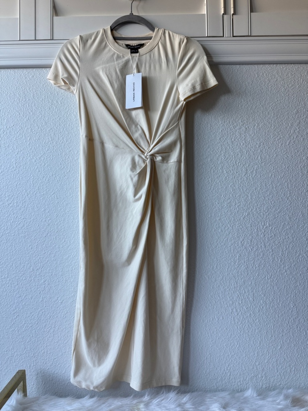 Knot-Front Cream Midi Dress 91% Cotton
